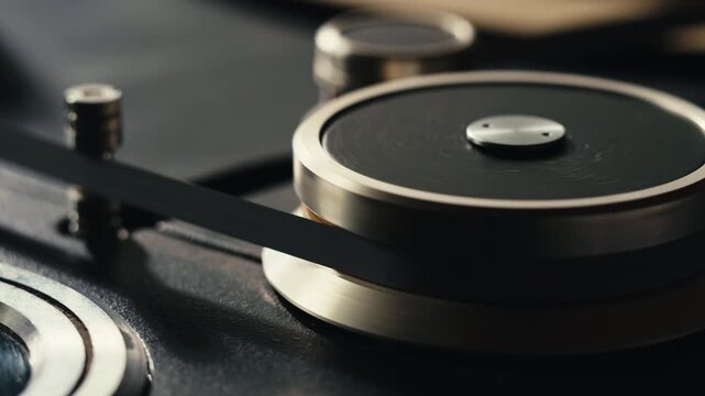 Tape audio music player, studio magnetic tape, vintage retro spool reel to reel player and recorder, magnetic tape data storage close up, music studio. 