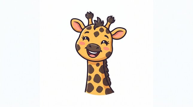 *Cute cartoon giraffe head. Golden yellow with brown spots, long neck, ossicones, big eyes, pink cheeks, and a big happy smile on white background.*