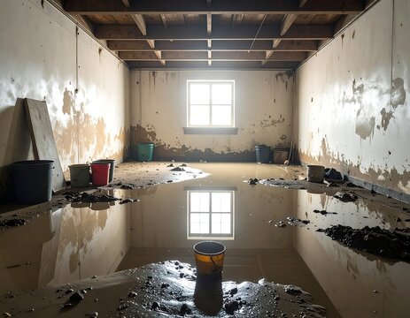 Severe water damage and mud covering the entire flooded basement interior with reflective water puddles. Ideal for natural disaster relief, home insurance claims, and property renovation marketing.