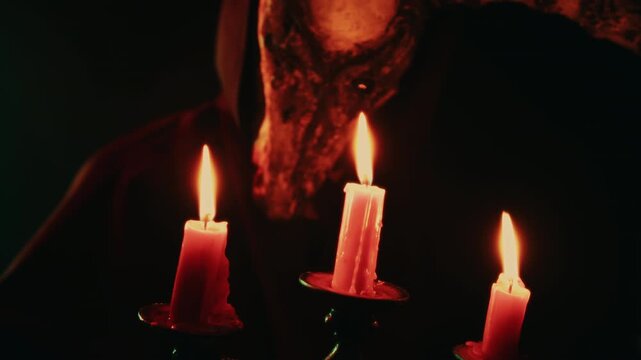 Halloween Witch casting a spell with candles during an exorcism ritual, scary sorceress in Halloween costume performing dark magic, spooky horror movie atmosphere.