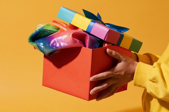 Bright yellow gift box open with colorful shiny fabric spilling out held by person