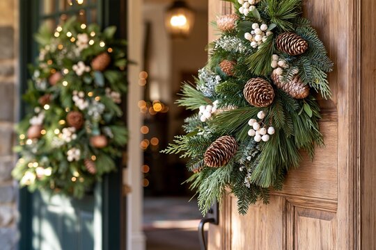 Rustic wooden front door decorated with a lush pine garland and pinecones for the winter holidays