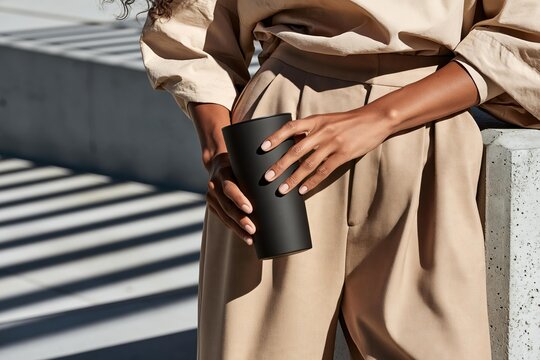 Woman holding black reusable travel mug wearing beige outfit outdoors in sunlight