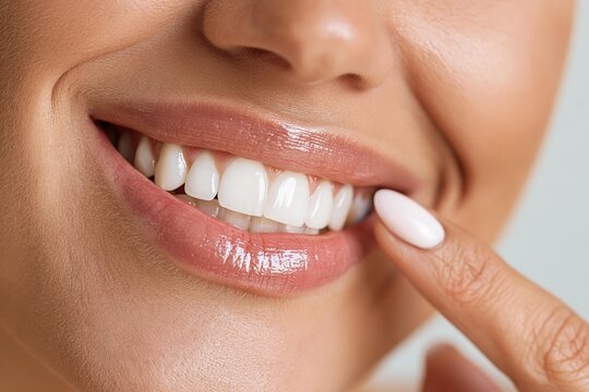 Close up of woman smiling showing bright white teeth with pink glossy lips