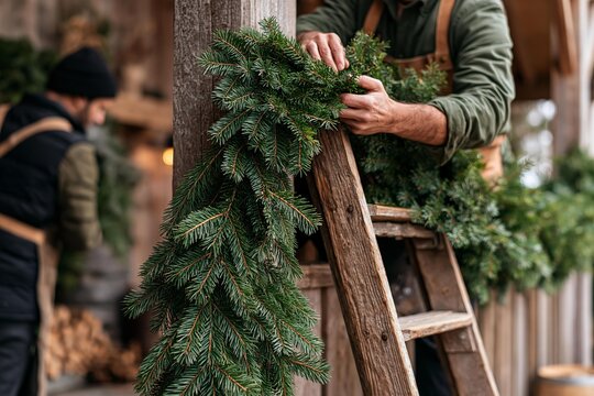 Craftsman decorating wooden porch with fresh pine garland and winter foliage