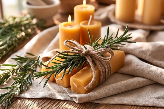 Natural beeswax candles tied with jute twine and fresh rosemary sprigs on rustic linen fabric