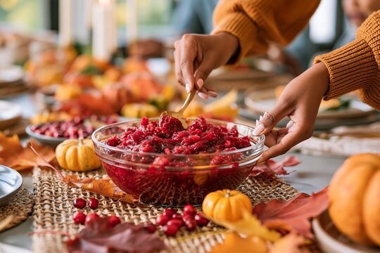Person serving homemade cranberry sauce from a glass bowl on thanksgiving table