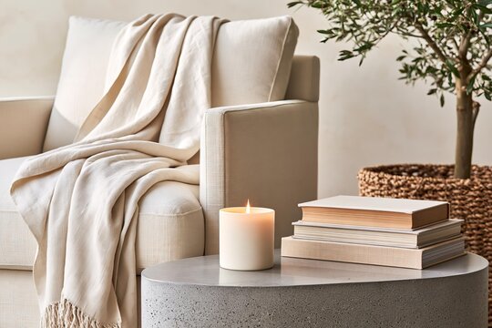 Minimalist beige armchair with knit throw blanket and candle on concrete coffee table