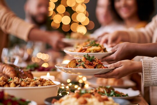 Diverse friends serving food at a celebratory dinner table gathering during holidays