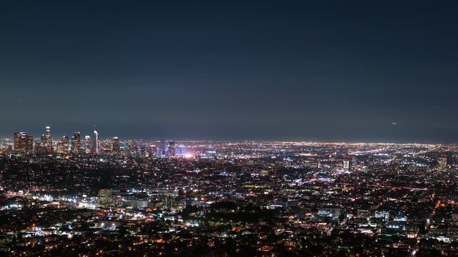 Los Angeles Downtown Night Skyline from Griffith Park Tilt Down California USA
