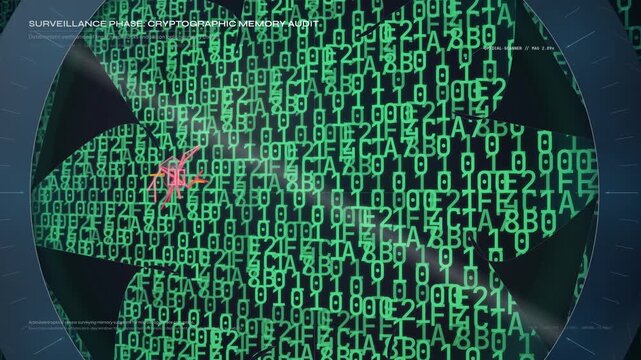 Futuristic animation of a zero day exploit cyber attack featuring a malicious red bug infiltrating green binary code during payload injection and memory audit phases