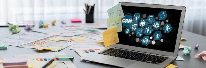 Sticky note for creative and analytic brainstorm for business idea with BI data dashboard on laptop...