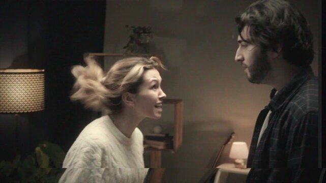 Crying woman shouting, portrait of screaming female person in living room, feeling anger and stress, bad mood. Family problems, aggressive emotional wife quarreling. 