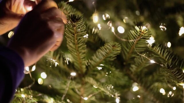 Christmas Tree Garlands light. womans hands adorn a Christmas tree with shimmering garlands in a dark room