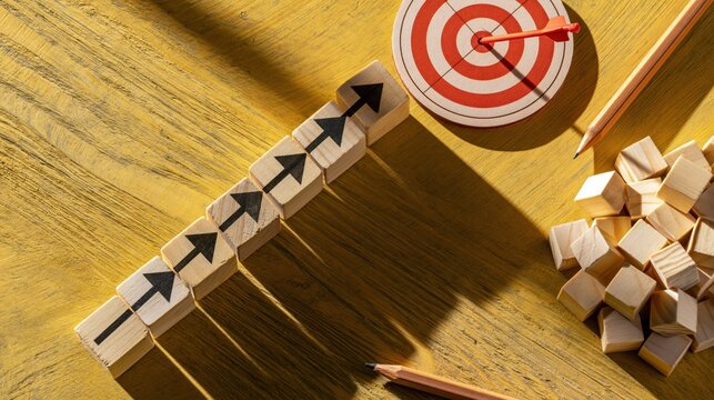 Wooden Blocks Building a Stairway Toward Success and Career Growth Concept