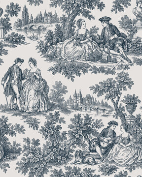 Toile de Jouy style seamless pattern with 18th century romantic couples and French chateau landscape. Vintage monochrome engraving style vector illustration.