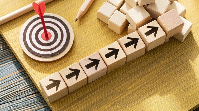 Wooden Blocks Building a Stairway Toward Success and Career Growth Concept