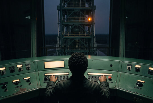 Launch control operator in a dark industrial command center at night