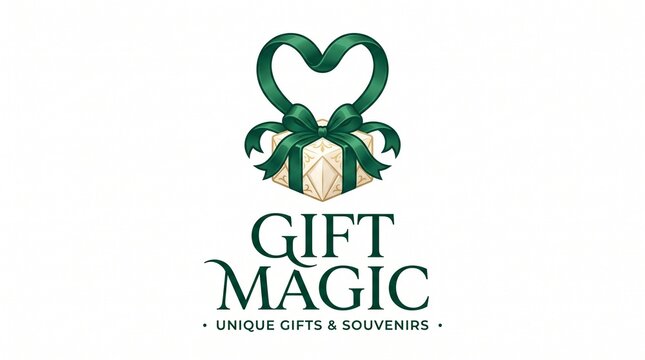 Elegant gift shop logo featuring heart shaped ribbon box design for unique souvenirs and festive presents on clean white background