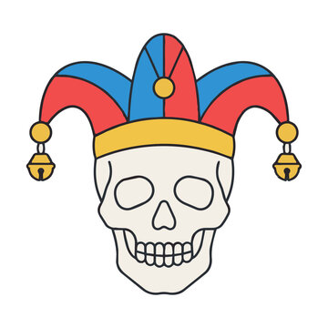 Stylized human skull wearing a colorful jester hat with dangling bells featuring bold flat shapes and clean outlines on a plain background
