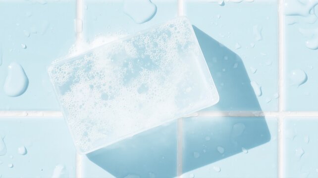 泡立った透明な石鹸が水滴のついた青いタイルの上に置かれている。清潔感や衛生をイメージした広告やウェブ素材に適したイメージ