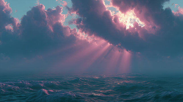 Ethereal crepuscular rays shining over a dark moody seascape at sunset
