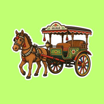 Traditional horse-drawn carriage delman Indonesian transport sticker vector.