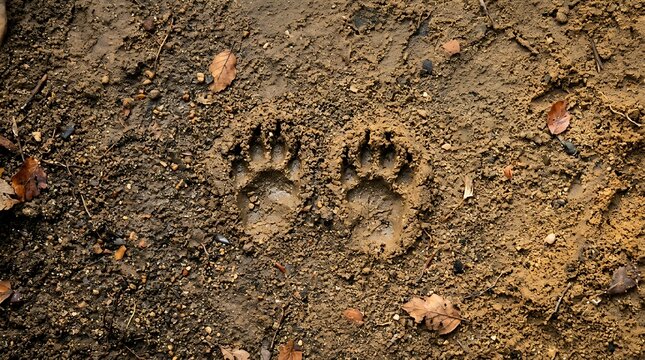 Wild animal paw prints deeply impressed in wet mud, surrounded by autumn leaves, subtly revealing signs of hidden wildlife activity in a natural outdoor environment