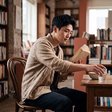Young Asian man reading a book and reaching for a glass of water while sitting at a table in a cozy library