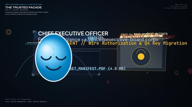 Animated infographic analyzing a spear phishing attack vector, featuring a deceptive blue emoticon facade revealing a crimson hooded hacker attempting data exfiltration before a zero trust lockdown