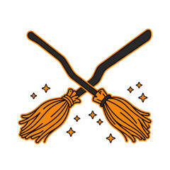 Fototapeta premium Crossed witch brooms with magical sparkles vector icon