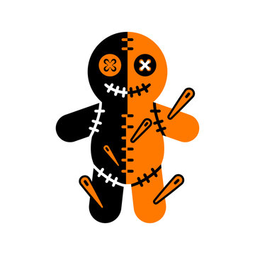 Voodoo doll illustration with orange and black stitching