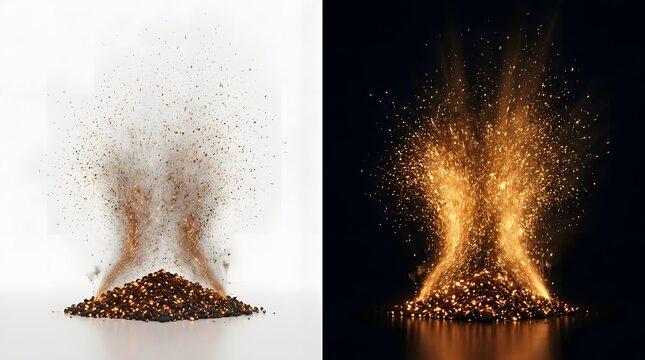 Glowing embers rising from a pile of burning charcoal against white and black split backgrounds