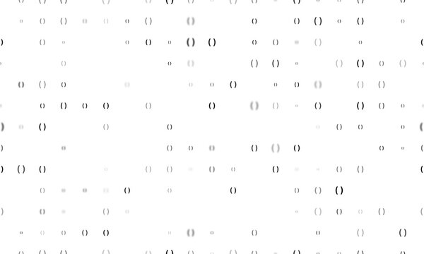 Seamless background pattern of evenly spaced black brackets symbols of different sizes and opacity. Illustration on transparent background
