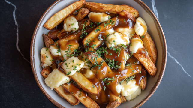 A close-up shot of a delicious poutine dish, featuring crispy french fries topped with rich gravy and squeaky cheese curds, garnished with fresh herbs