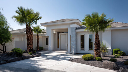 Fototapeta premium A modern white luxury home with palm trees lining the driveway under a clear blue sky. The house features clean lines and a minimalist design.