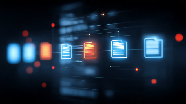 Digital file icons appear across a virtual interface representing document management and automated information workflow.
