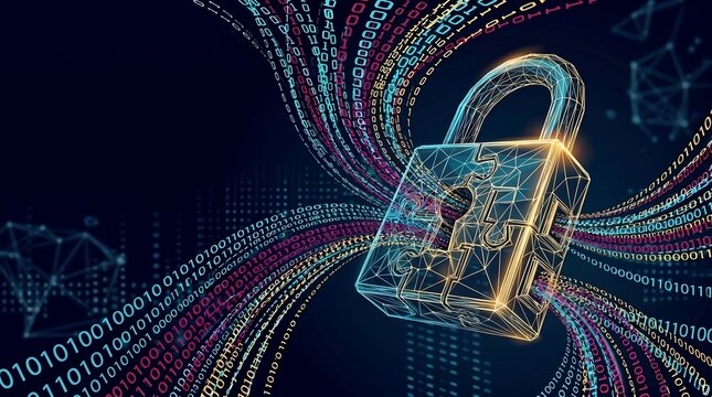 Cyber security digital lock with binary code streams and data protection