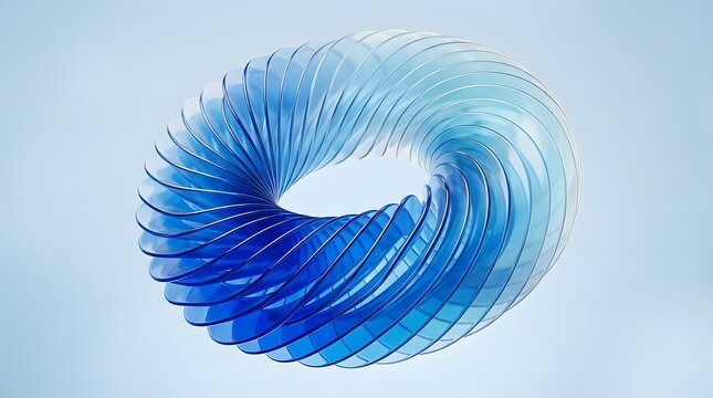 Abstract translucent blue acrylic torus spiral shape isolated on a soft light blue background