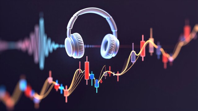 Headphones float above financial charts, blending audio and market trends.