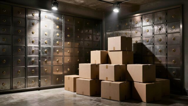 Metal safes line a dimly lit room, with cardboard boxes stacked in the center.
