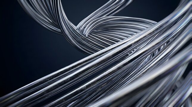 Metallic wire spiral twist forming dynamic abstract pattern against dark background