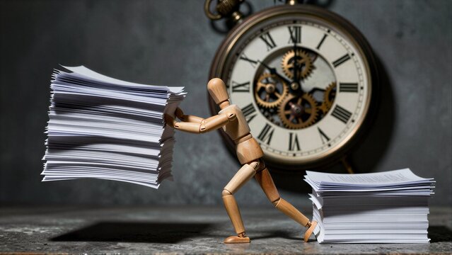 Wooden figure carries stacks of papers, symbolizing time pressure and workload.