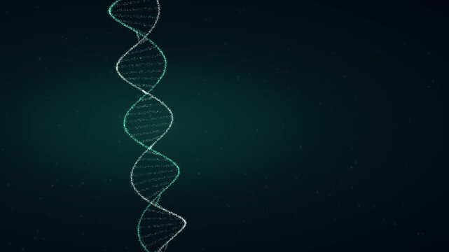 Glowing emerald and silver DNA double helix rotates while ascending against a dark starry background