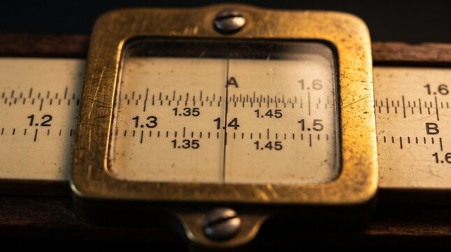 Vintage slide rule cursor window with engraved numeric scale in macro