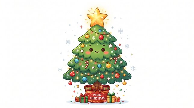 Cute Christmas Tree Character with Star and Gifts