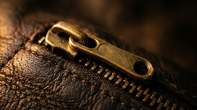 Brass zipper pull resting against dark leather texture in macro