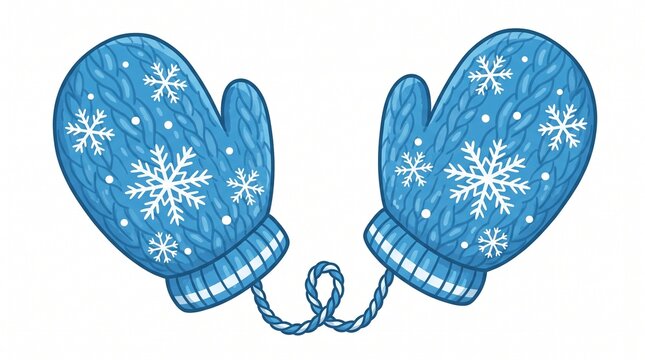 Blue knitted mittens with snowflakes and a braided cord