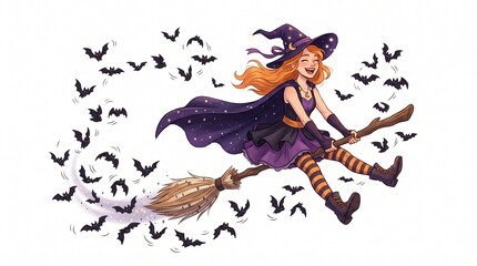 Fototapeta premium Happy Witch Flying Broomstick Surrounded by Bats Halloween Illustration