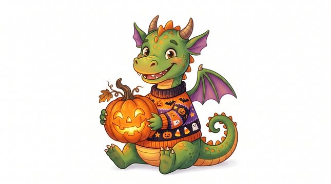 Cute green dragon wearing a Halloween sweater holding a jack o lantern